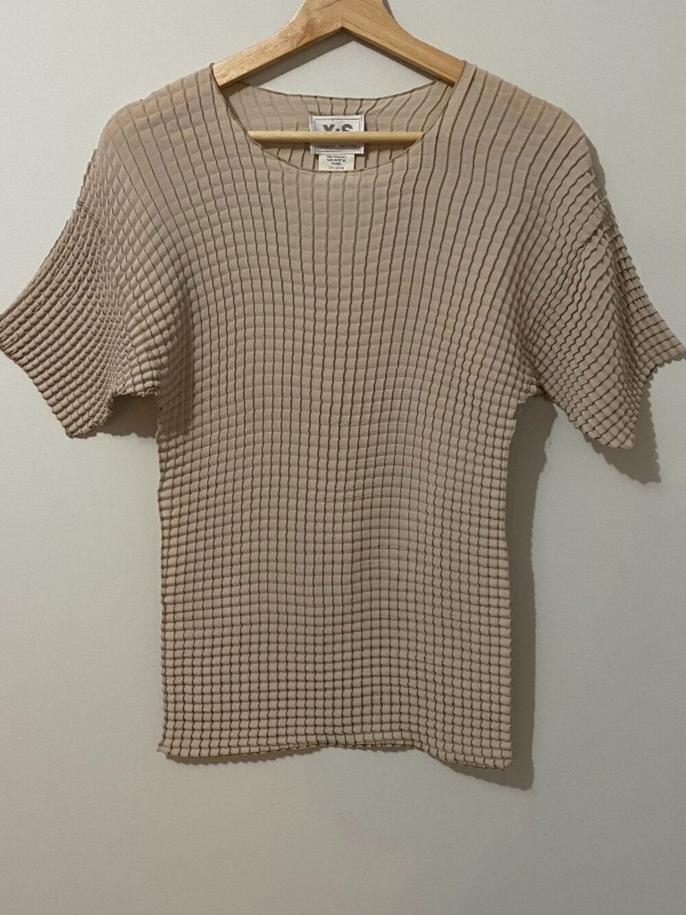 Vintage 1980s Waffle Textured Ruched Taupe T-Shirt Top Stretch Minimalist Career - Picture 2 of 9